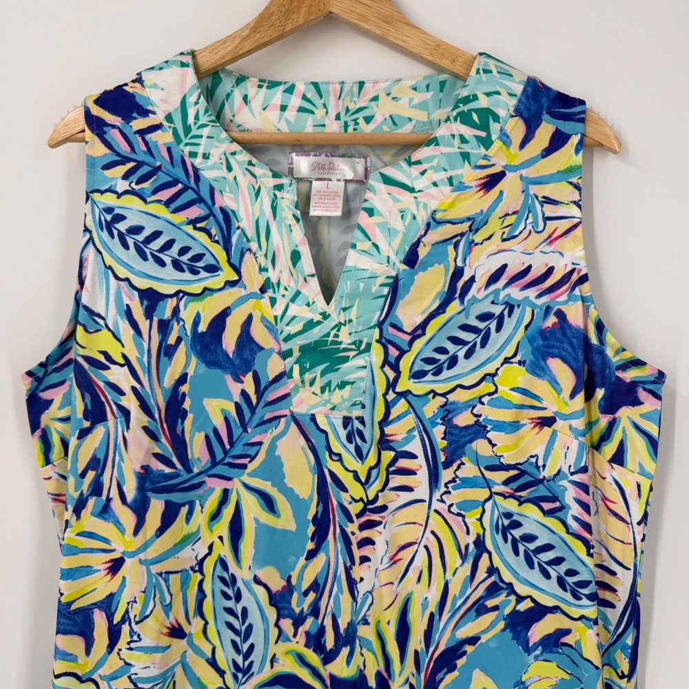 Stella Parker Womens Dress SZ Large Blue Yellow Tropical Resort Cruise Vacation - Picture 3 of 8